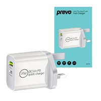 Prevo QC70 20W USB Type-C & USB Type-A Fast Charge Mains Charger with QC 3.0 for Laptops